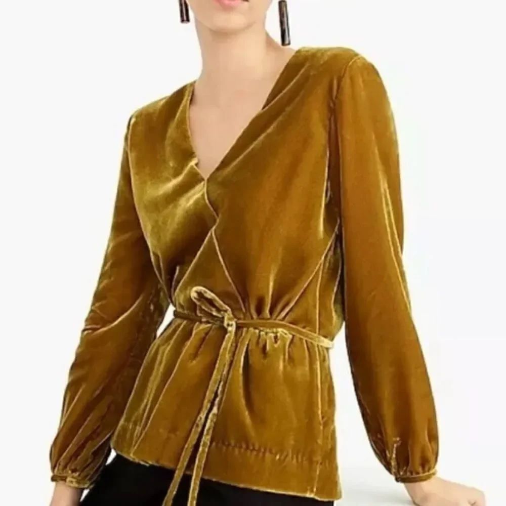 J. Crew Golden Yellow Velvet Drape Faux Wrap Sash Tie V Neck Blouse